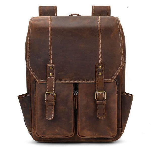 Men's Crazy Horse Large Capacity Travel Student School Bag Genuine Leather Laptop Backpack