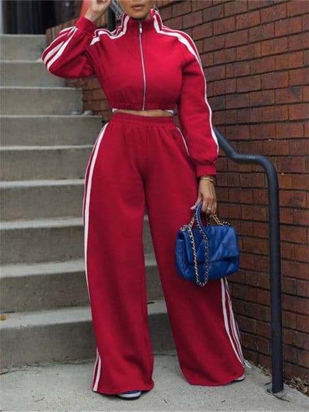 2 Piece Sets Women Outfit Fall Clothes Side Striped Zip Top Wide Leg Pant Casual Tracksuits Set Sweat Suit 250820BJ