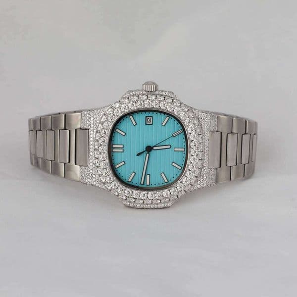 Custom Handmade Women's Moissanite Dia Wrist Watch Numeric Blue Dial Stainless Steel Bezel Exclusive Design