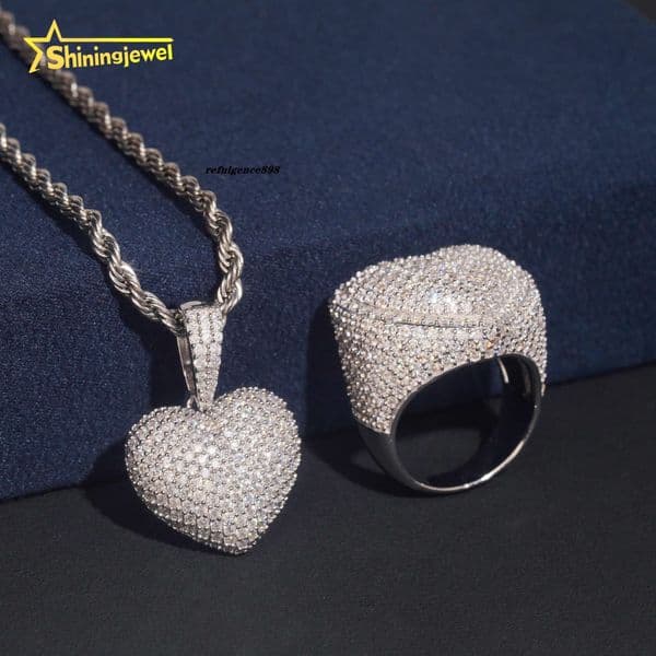 Best Gift Iced Out Heart Jewelry Set Diamond Hip Hop Ring VVS Moissanite Custom 925 Silver Gold Plated Heart Ring Pendant Set
