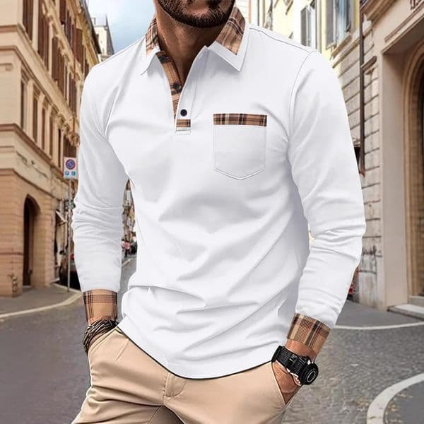 Spring and autumn mens daily business casual top fashion trend color matching pocket lapel knitted long-sleeved slim polo s 250820