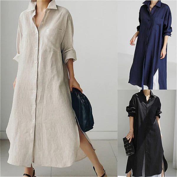 414 New European and American cotton and linen shirt dress loose irregular bottoming shirt cardigan long dress