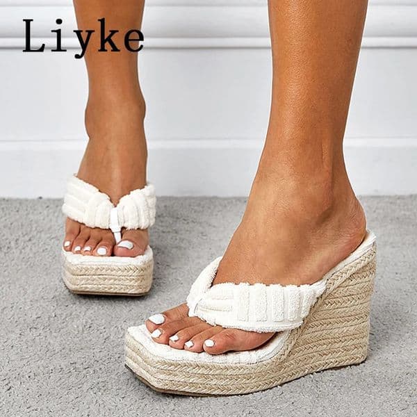 Liyke White Women Cane Straw Weave Thick Platform Slipper Summer Open Toe Pinch N Band Wedge High Heels Sandals Female Shoe 250801