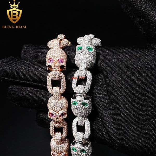 14.6mm Hip Hop Jewelry Skull Cuban Link Chain 925 Sterling Silver VVS Moissanite Iced Out Bracelet Necklace
