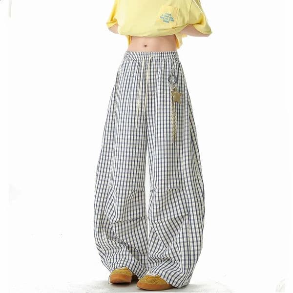 Y2k Cargo Pants Women Streetwear Casual Wide Leg Pants Harajuku Vintage Blue Check Baggy Straight Trousers Ladies Sweatpants 250821BJ