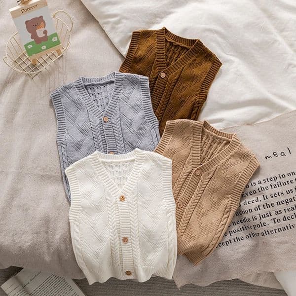 Baby Girl Knitwear Sleeveless Sweaters Autumn Boys Knit Vest Coat Kids Solid Tops Waistcoat Toddler Cardigan Outerwear 250820