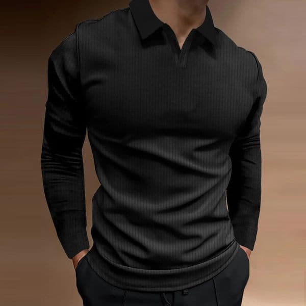Mens Autumn Fitness Business Casual Standing Collar Long Sleeve Vertical Strip Vneck Polo Shirt 250905BJ