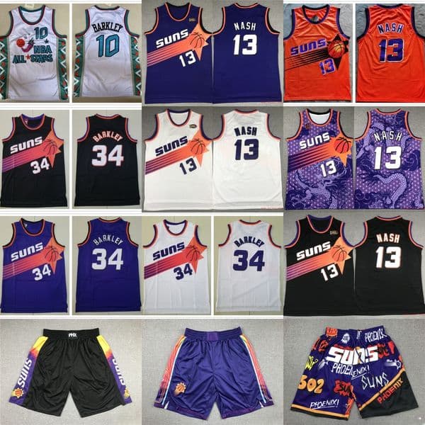 Classic Retro 1996-97 Basketball 13 Steve Nash Jersey Throwback 1996 All-Star 34 Charles Barkley Vintage Black White Purple Orange Breathable Sport Shirt Shorts