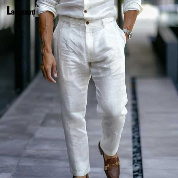 2025 Mens Stand Pocket Linen Beach Pants Solid White Trousers Plus Size Mens Casual Straight Pants Male Ankle-Length Bottoms New XJ250821