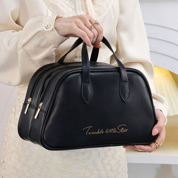 New Travel PU Leather Large Capacity Toiletry Double Layer Makeup Bag Waterproof High Appearance Portable Fashion Handbag