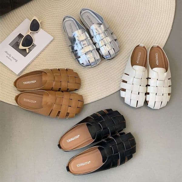 Closed-Toe Half Slippers for Women Summer 2025 New Style Woven Hollow Thick-Soled Slip-On Lazy Mules Z260520