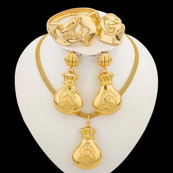 African Gold Color Jewelry Set for Women Drop Earrings and Pendant Necklace Dubai Bangle Ring 4Pcs Set for Anniversary Jewelry 250818