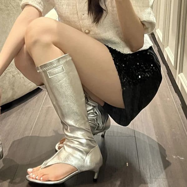 Eilyken Clip Toe Low Heels Knee High Boot Sandals Woman Fashion Zipper Banquet Summer Shoes Flip Flops Botas Mujer 250821BJ