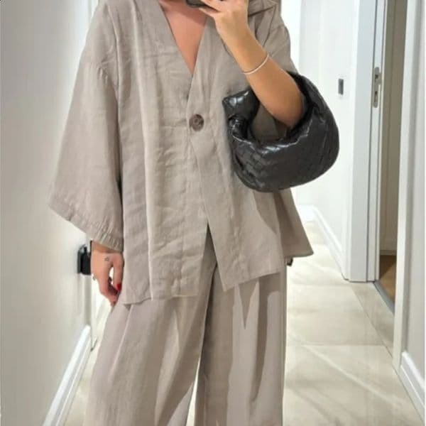 Womens Casual Cotton And Linen Pants Set Loose V-Neck Single Button Shirt High Waist Wide Leg Pants Spring-Summer Womens Suit 250821