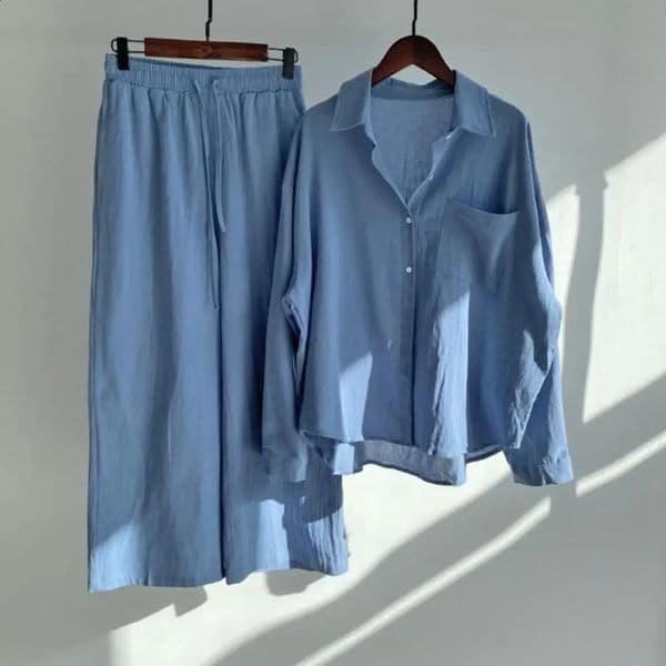 Cotton And Linen Women Shirt Pants Set Spring Wide Leg Long Sleeves Shirt Elastic Waist Pants Set Women Blouse Trousers Set 250821