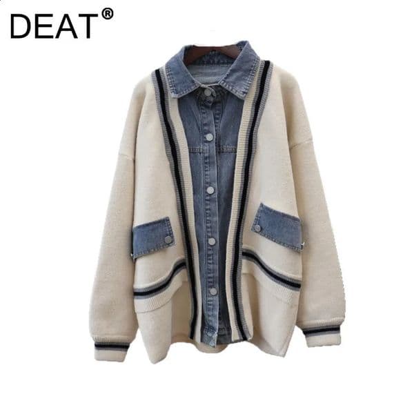 DEAT Womens Cardigan Patchwork Denim Fake 2 Piece Striped Loose Long Sleeve Knitted Sweaters 2025 Autumn Fashion 29A2977 250822