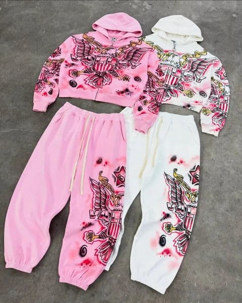 European and American men clothing set Y2k fashion oversized patterned printed sportswear Harajuku retro loose casual 250822BJ