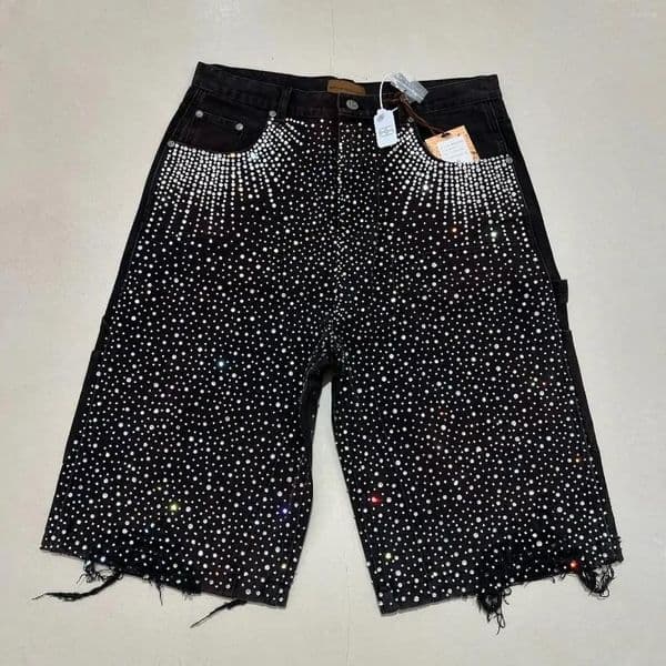 Men's Jeans Streetwear Mens Vintage Rhinestone Sequin Denim Shorts Y2K Hip Hop Baggy Gym Casual Basketball