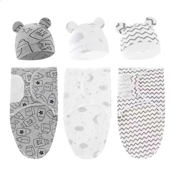 Hat Set Cartoon Printed Cotton born Swaddle Adjustable Infant Sleeping Swaddle Wraps All Seasons 0-6 Months250821wwBJ