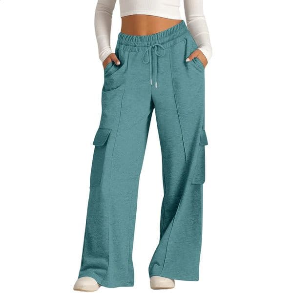Womens Loose Wideleg Pants Casual Solid Color Elastic Waist Drawstring Sweat with Pockets Workwear Style Sports Trousers 250821BJ