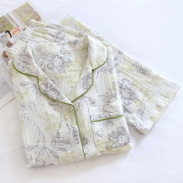 2025 Japanese Spring/Summer Womens Pajama Set 100% Cotton Crepe Home Furnishings Flip Collar Printed Long Sleeve Set Ladies 250821