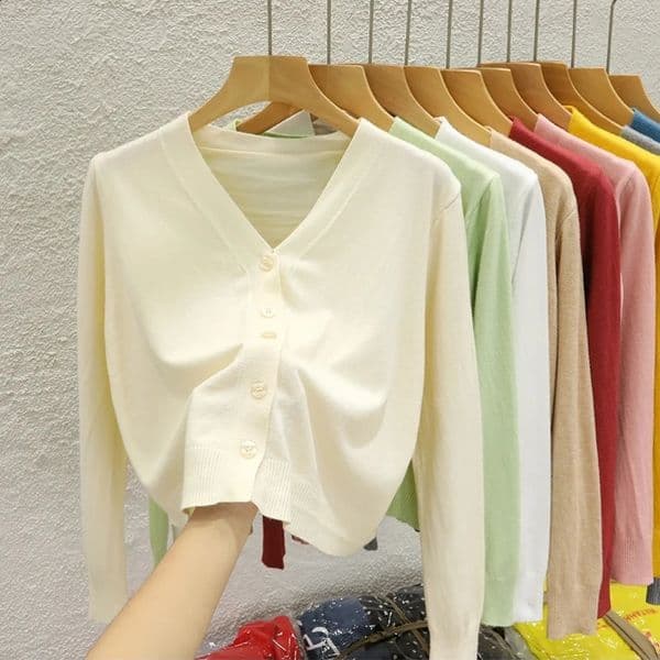 Solid Color Long Sleeved Casual Tops Korean Style Vneck Knitted Cardigan 2025 Autumn Winter Black Wearing Outside Sweater 250815