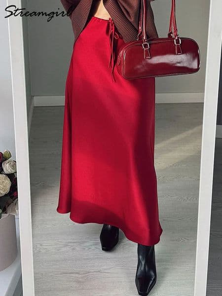 Long Black Satin Skirts Women For Work Summer Autumn Straight Brown Skirt Belt Coffee Formal Silk Maxi Ladies 250822BJ