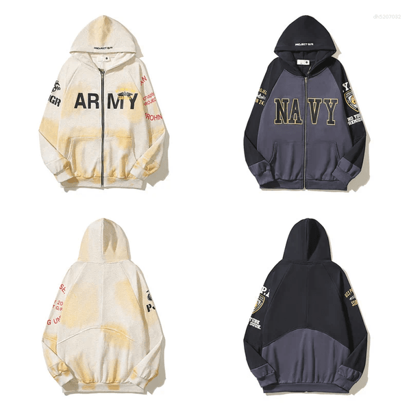 Men's Hoodies Woolen Circle Fabric G/R Splicing Men Women Slogans Printed Zipper Pullover