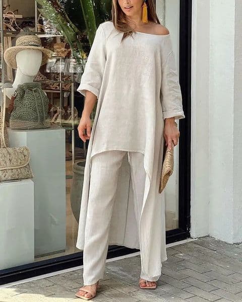 Autumn Two Piece Set Women Cotton Linen Wide Leg Pants Set Vintage Boho Shirt Dress Casual Loose Work Streetwear Y2k Suit 250821