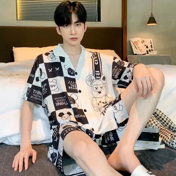 Mens TwoPiece Pajamas Summer Ice Silk ShortSleeved Shorts Thin Section Of The Student Teenage Homewear Suit 250822