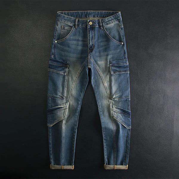 Multi pocket patchwork jeans for men slim fit with small feet and elastic American retro highend motorcycle riding trend pants 250821BANJIA