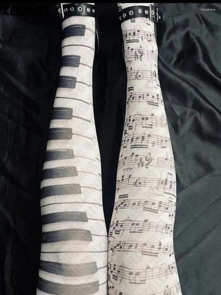 Women Socks Japanese Punk Piano Notes Printing Leg Warmer Harajuku Sock Wide Stretch Cool Grunge Calf-length Y2k Aesthetic Streetwear