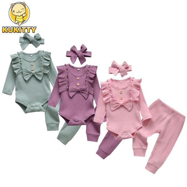 3pcs born Baby Girl Casual Clothes Set Ruffles Knitted Long Sleeve Bodysuit infant Pants Headband Solid Color Outfits250821BJ