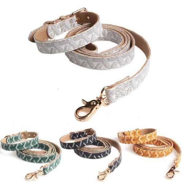 Collars Two Layers Dog of Leather Dog Collars Leashes Set Classic Printed Designer Pet Collar Leash Soft Durable Cat Collar for Small Medium and Large Dogs White XL B1