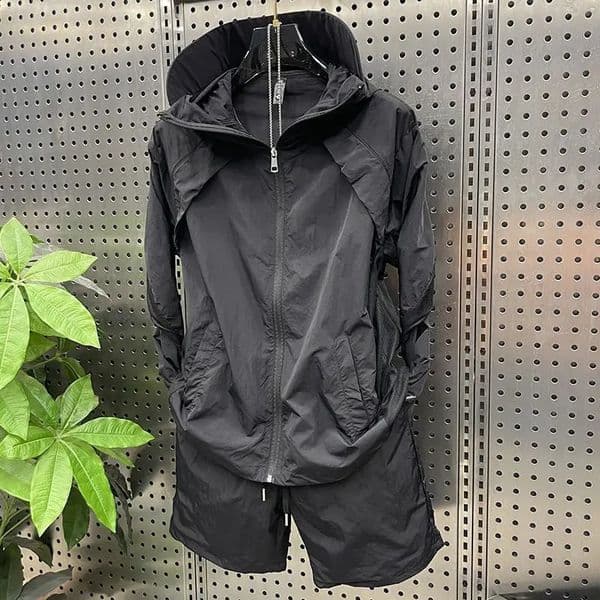 Summer Lightweight Breathable Hooded Sunscreen Leisure Set for Mens Premium Loose Solid Color Sports 2-piece Set 250823BJ