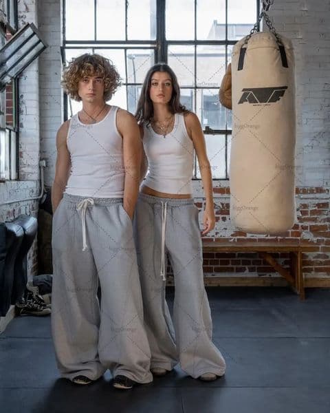 High Street Trendy Streetwear Trousers Retro y Spliced Wideleg Sweatpants Men Drawstring Gray Casual Pants Women 250823