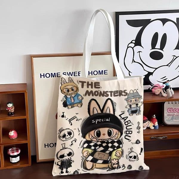 Women's Cute Canvas Tote Bag Reusable Cotton Labubu Bag for Lunch Shopping and Beach, Cartoon Pattern Shoulder Bag