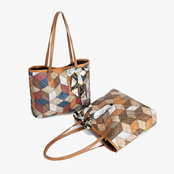 2025 New Cube Embroidered Women's Shoulder Simple Patchwork Fashion Mother-Daughter Tote Casual Shopping Bag