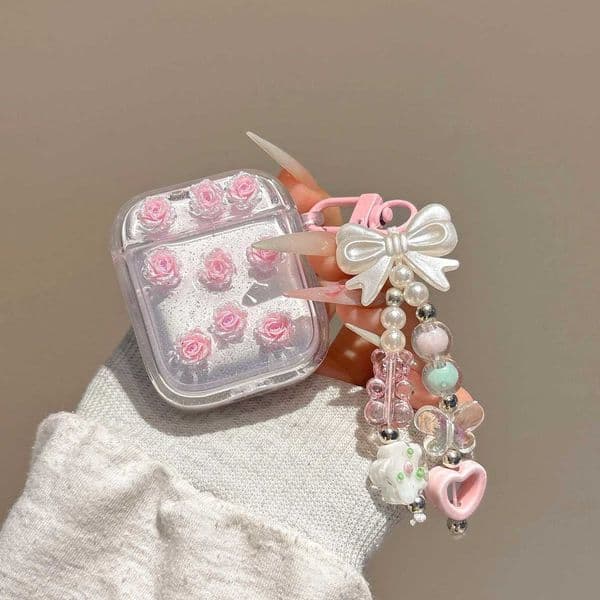 Pink rose flower glitter shiny earphone case pendant wireless bluetooth charging box for wireless headset 3 4 pro 2nd 2 1 cover X250822