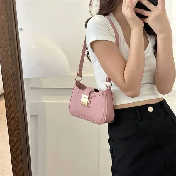Women Vintage Handbag PU Leather Gold Buckle Trendy Underarm Shoulder Bag Solid Color Handbag Women Luxury Simple Tote Bag Bags