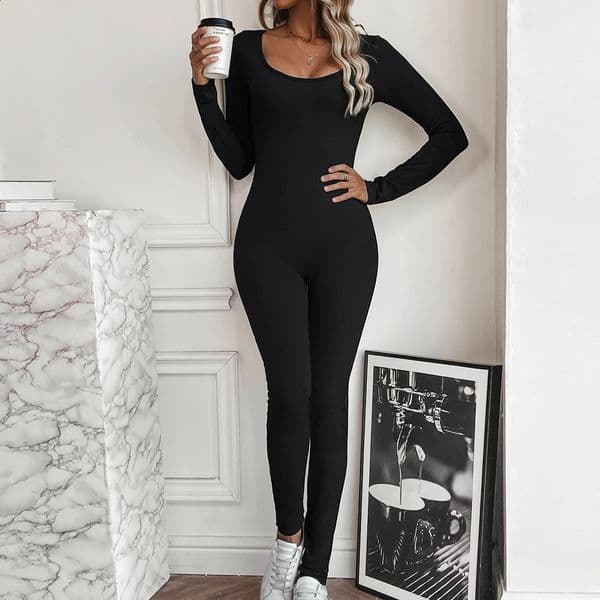 European and American sexy chest revealing waist cinching boat collar long sleeved small hole strip jumpsuit 250823BJ