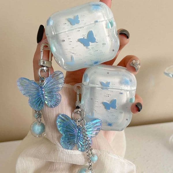 Blue pendant butterfly wavy earphone case for wireless headset 4 3 2 1 pro 2nd wireless bluetooth charging box cover X250822