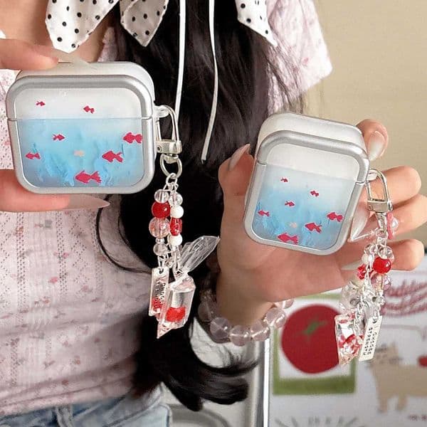 Gold fish gradient square shockproof cute crystal pendant earphone case for wireless headset 4 1 2 3 pro 2nd charging box cover X250822