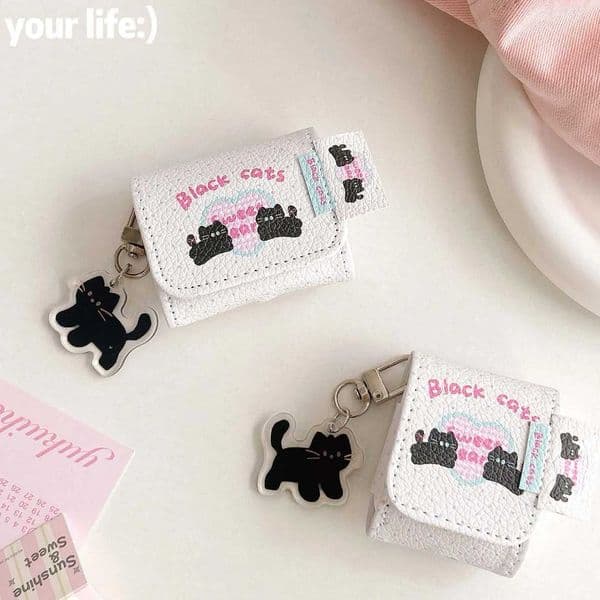 Cartoon black cat leather earphone case cute love heart keychain wireless bluetooth charging box for wireless headset 1 3 2 pro 2nd X250822