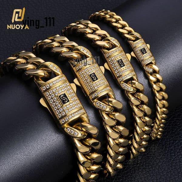 NUOYA Hiphop Jewelry Mens Stainless Steel Bracelet High Polished Cuban Chain with Iced Out Moissaniate Clasp 14K Gold Plated Bracelet