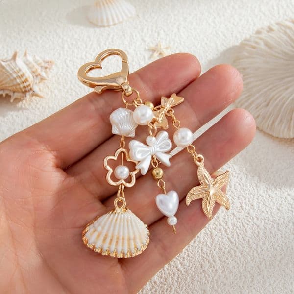 SHIXIN Boho Starfish Scallop Love Keychain Acrylic Bowknot Flower Pearl Bag Pendant Key Chain Anti Loss Phone Chain 250818