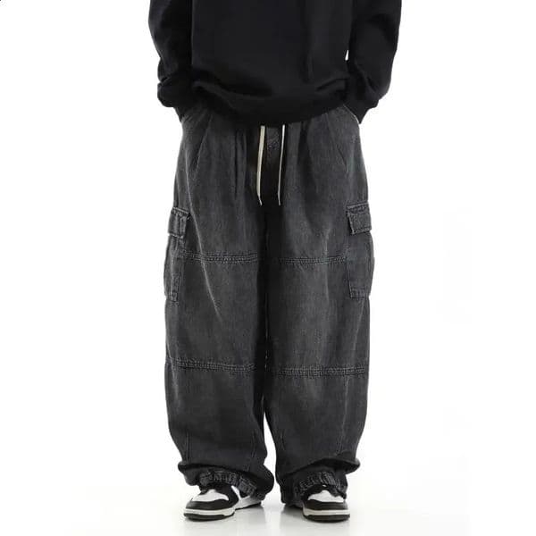 Y2k Black Baggy Cargo Jeans Trousers Men Streetwear Casual Hippie Jogging Wide Leg Oversize Long Male Denim Pants 250815BANJIA