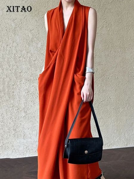 XITAO Solid Color Temperament Sleeveless Female Dress Deep Vneck Folds Casual Loose Long Summer Women GJ1066 250823BJ
