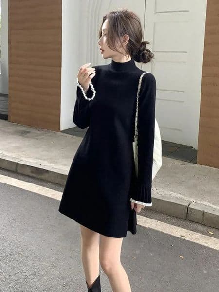 Pleated Womens Crochet Dresses Extreme Mini Black Short Female Knit Dress Turtleneck Clothing Spring Autumn Korean Fashion 250823BJ