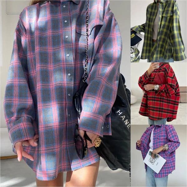 Autumn Vintage Lapel Loose-Fit Womens Shirt Long Sleeve Plaid Cross-Border Style Versatile Button-Up Top For Ladies 250823BJ